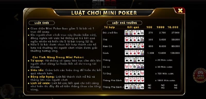 Ưu điểm của Mini Poker Sin88